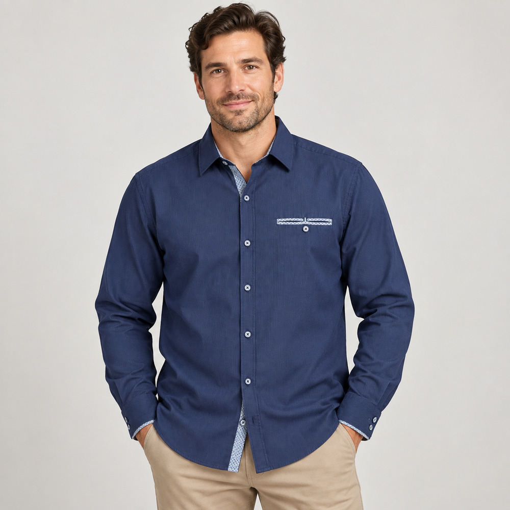 Craft + Flow Men’s XL Navy Blue Long Sleeve Button Up Shirt Pattern Trim